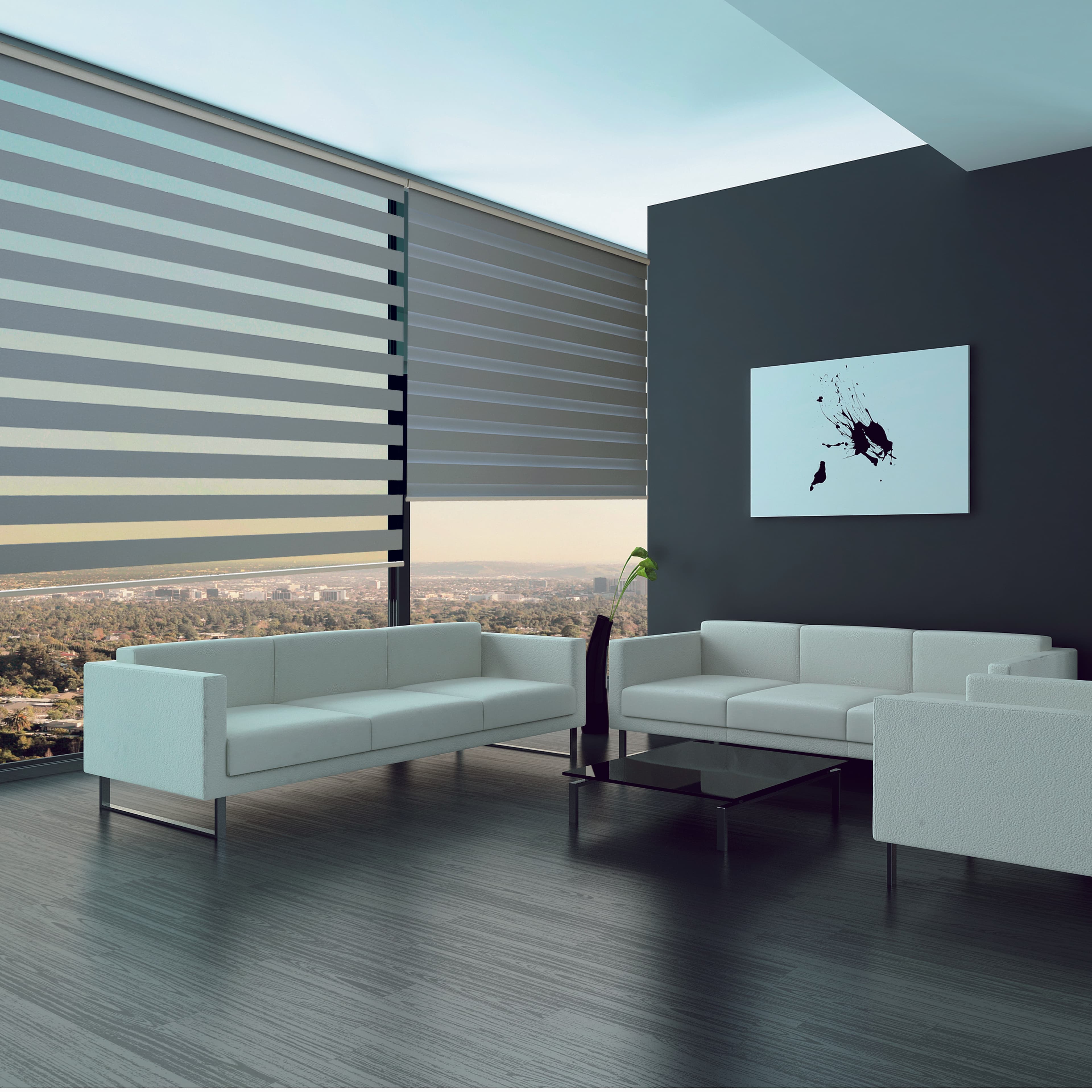 Motorized zebra shade blinds installed in a Bay Area home