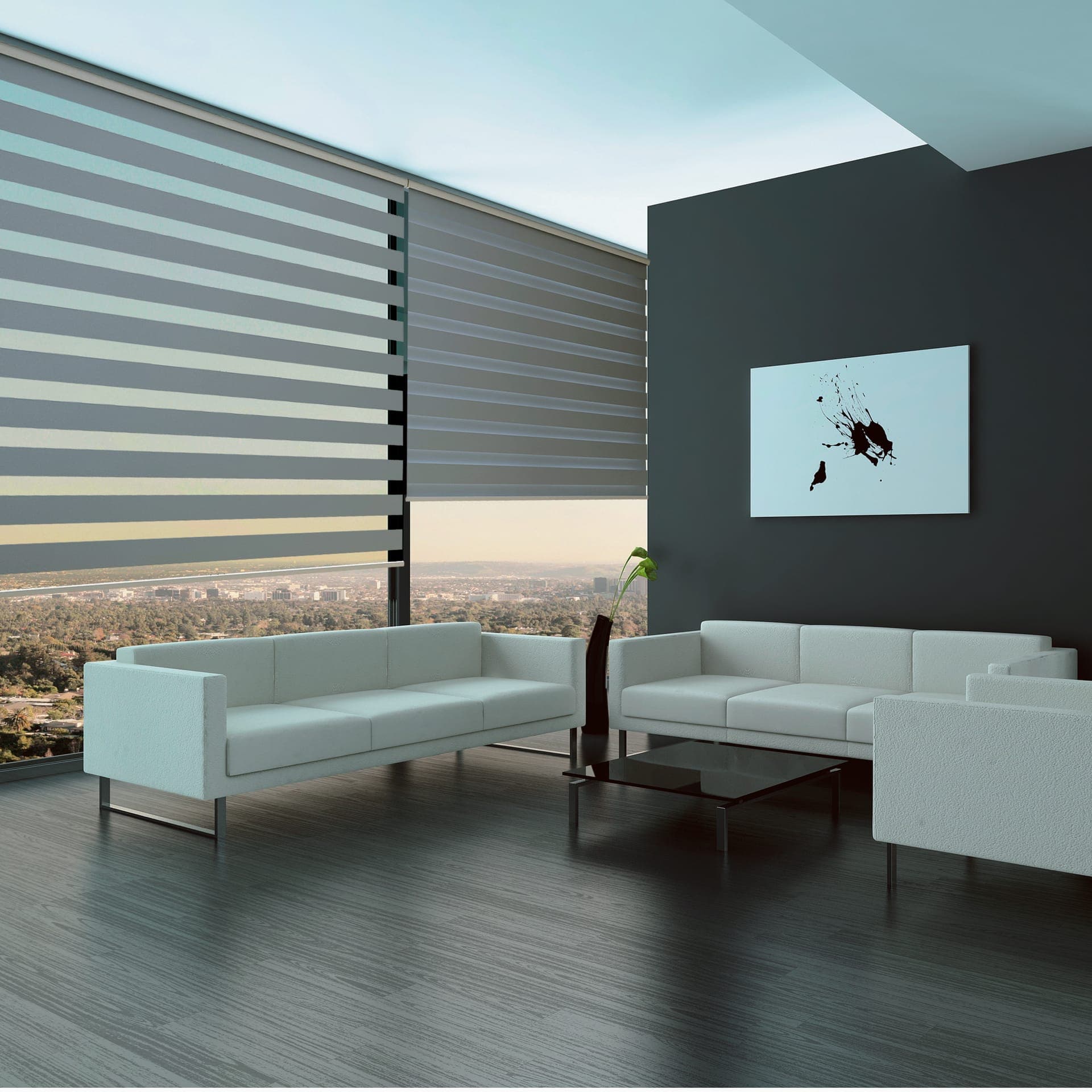 Motorized Zebra Shades Motorized zebra shade blinds installed in a Bay Area home